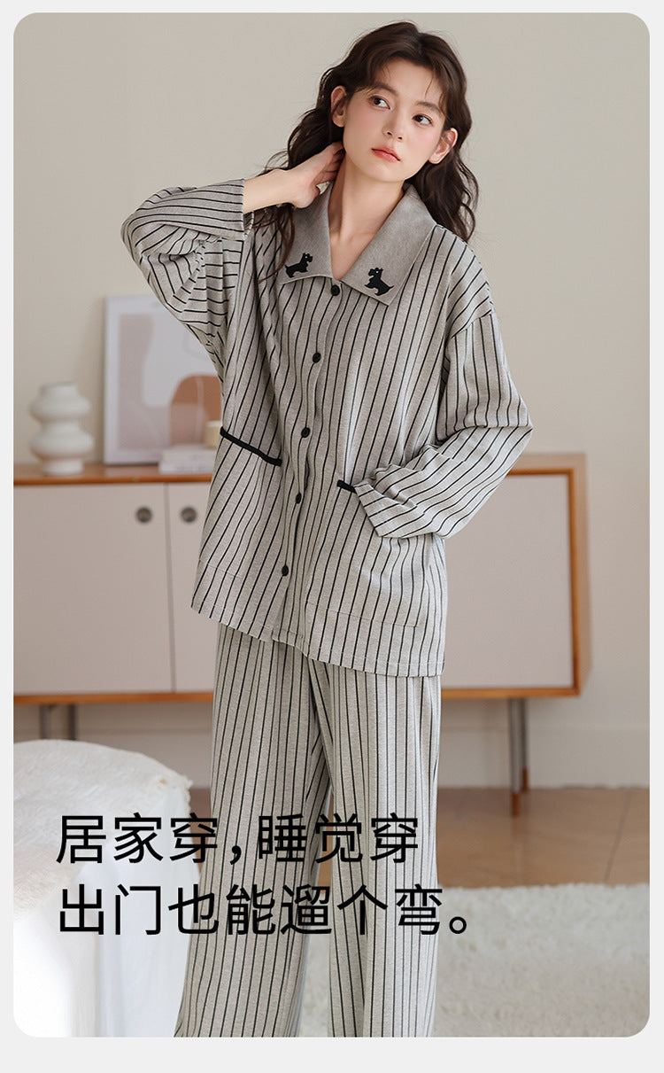 2025新款纯棉睡衣女春秋季长袖宽松条纹套装女士家居服可外穿卡通
