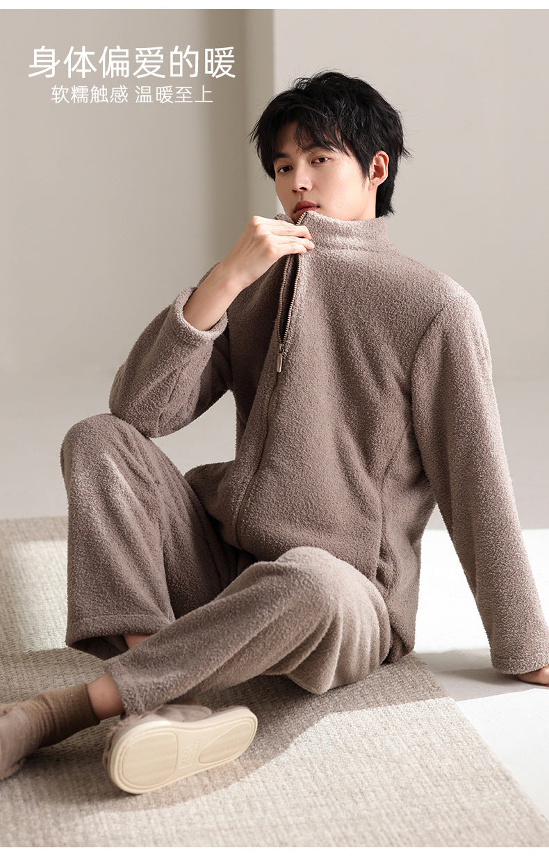 2025年新款法兰绒男士睡衣秋冬季加绒加厚保暖男款家居服套装批发