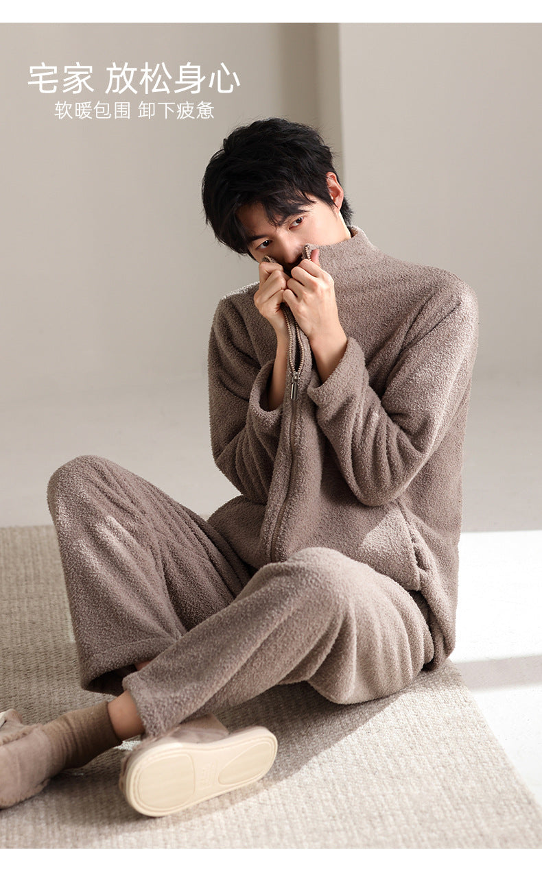 2025年新款法兰绒男士睡衣秋冬季加绒加厚保暖男款家居服套装批发