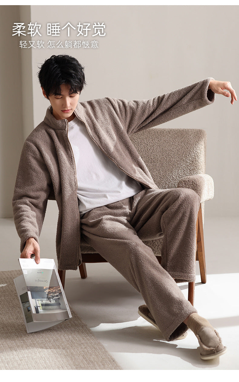 2025年新款法兰绒男士睡衣秋冬季加绒加厚保暖男款家居服套装批发