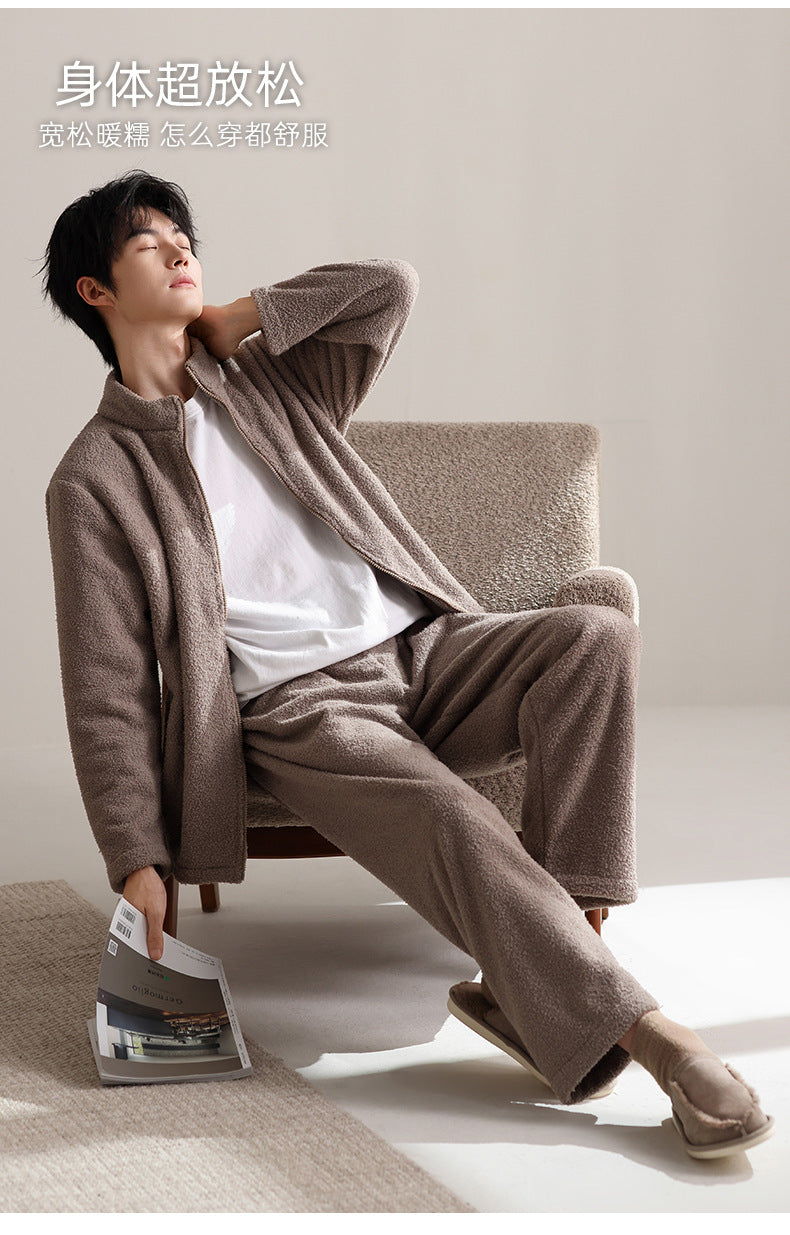 2025年新款法兰绒男士睡衣秋冬季加绒加厚保暖男款家居服套装批发
