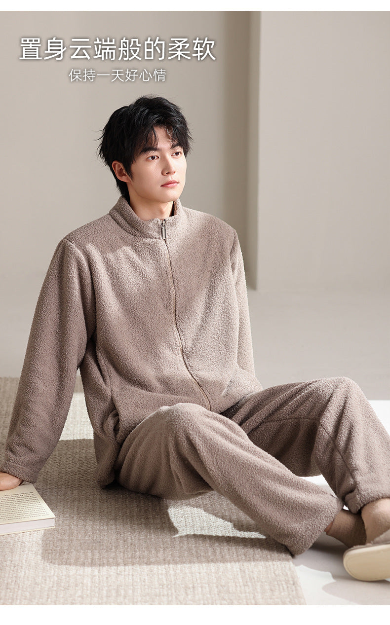 2025年新款法兰绒男士睡衣秋冬季加绒加厚保暖男款家居服套装批发