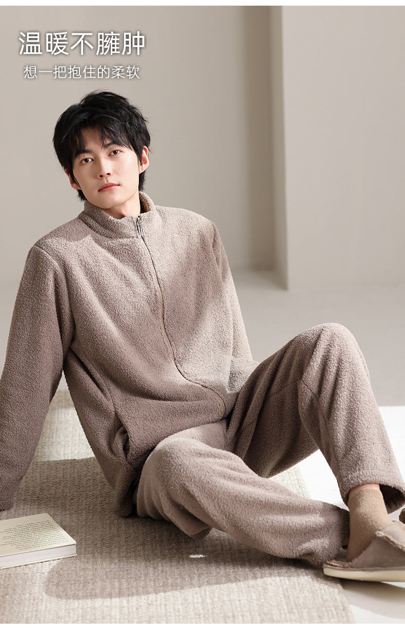 2025年新款法兰绒男士睡衣秋冬季加绒加厚保暖男款家居服套装批发