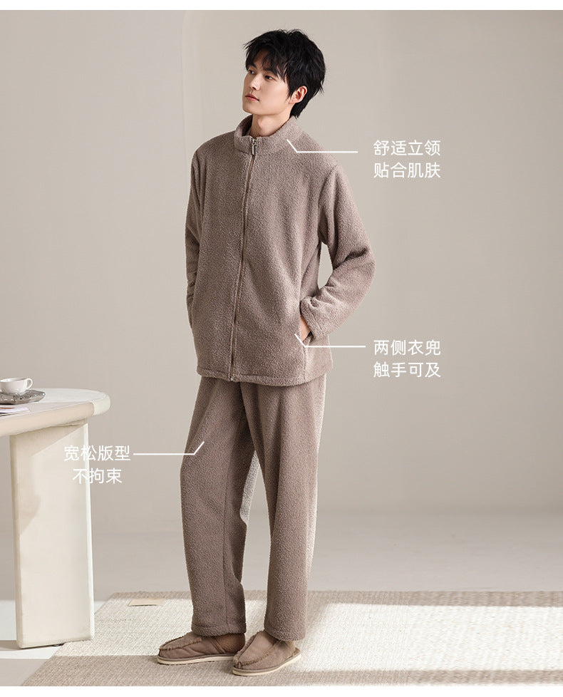 2025年新款法兰绒男士睡衣秋冬季加绒加厚保暖男款家居服套装批发